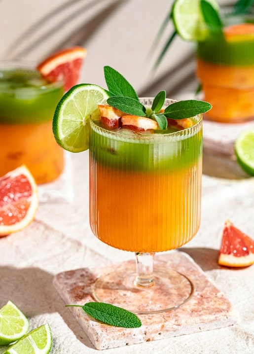 Geschichteter Grapefruit-Limetten-Cocktail mit Salbei auf Steinuntersetzer