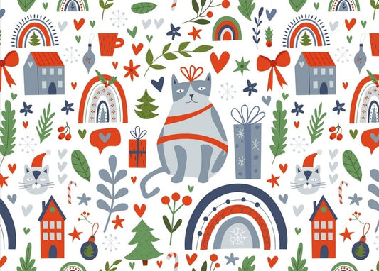 Seamless Christmas pattern with a ribbon-wrapped gray cat, houses, rainbows and gift boxes