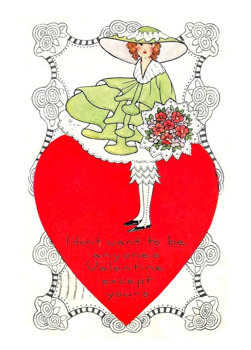 Vintage line-art postcard of a girl in a green bonnet holding a bouquet, seated on a large red heart.