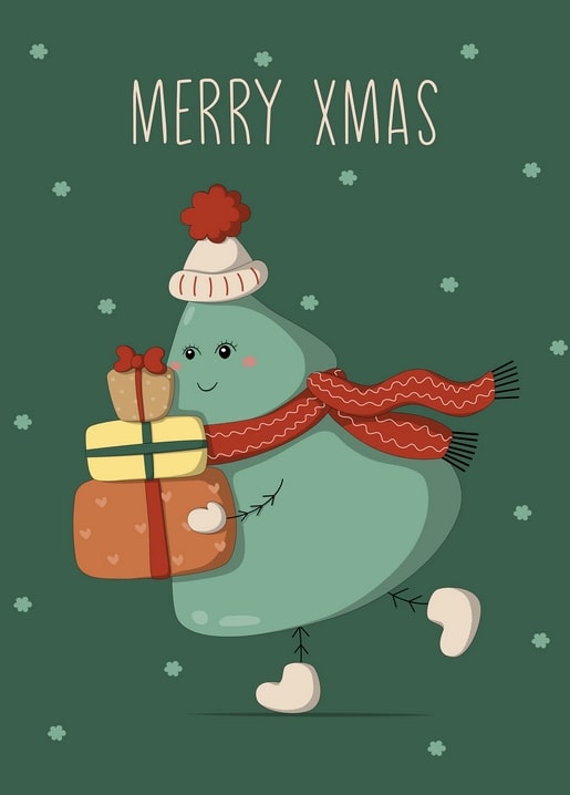 Green holiday character in a red hat and scarf carrying wrapped gifts, “Merry Xmas” text