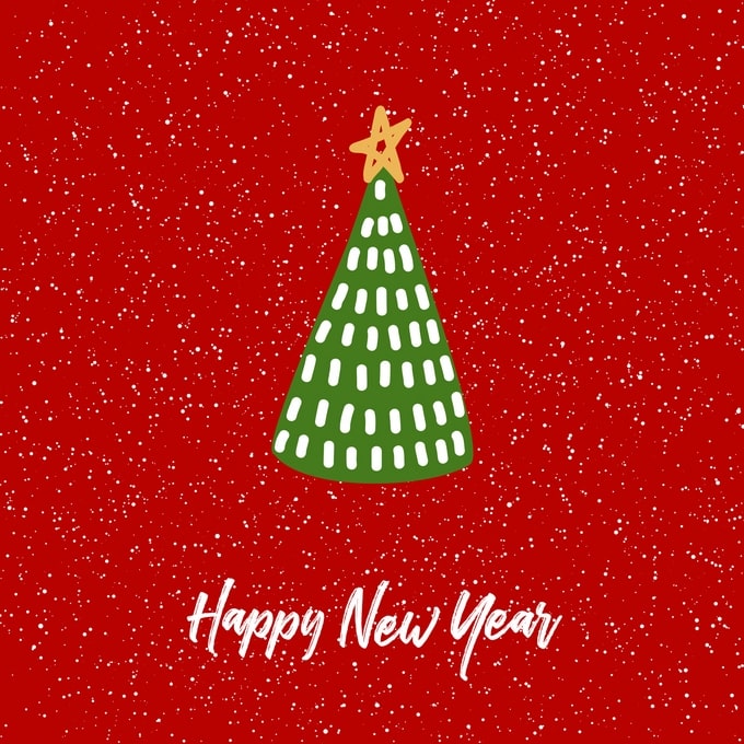 Flat-style green Christmas tree with gold star on red, snowy background and “Happy New Year” script
