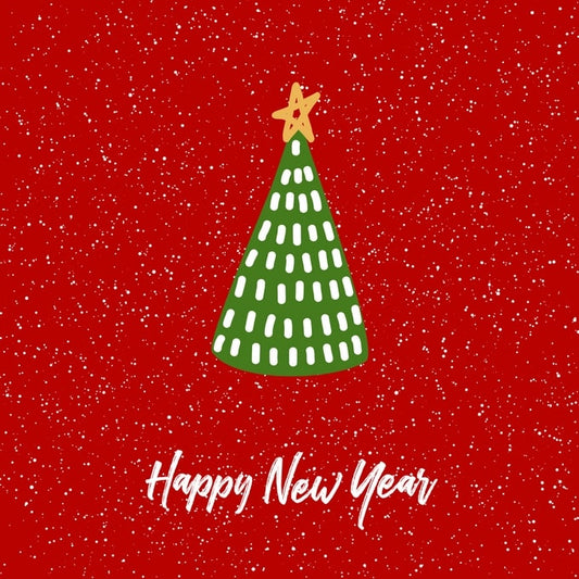Flat-style green Christmas tree with gold star on red, snowy background and “Happy New Year” script