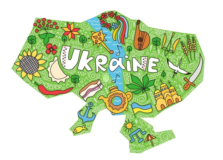 Grüne Ukraine-Karte mit Doodles: Sonnenblume, Warenyky, Bandura, Regenbogen und Schriftzug „UKRAINE“