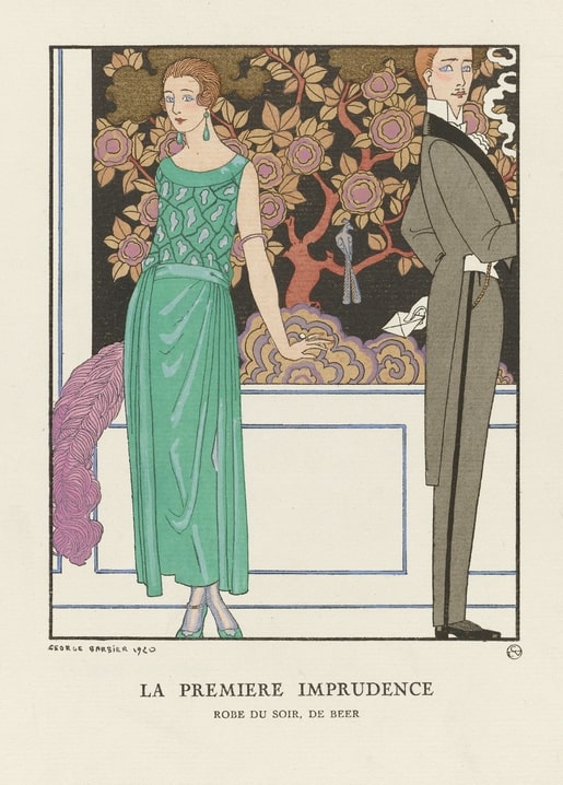 1920 Art Deco couple: woman in jade evening gown with man in tuxedo before rose-patterned wallpaper