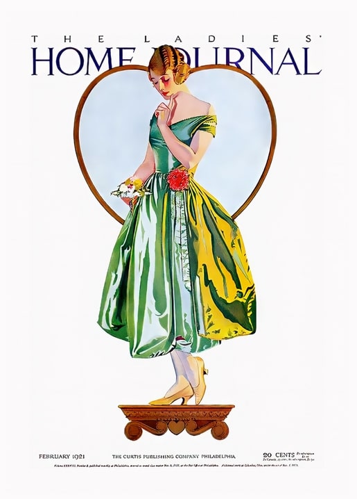 Titelbild der Ladies' Home Journal, Februar 1921: Frau im grünen Satinkleid im Herzrahmen