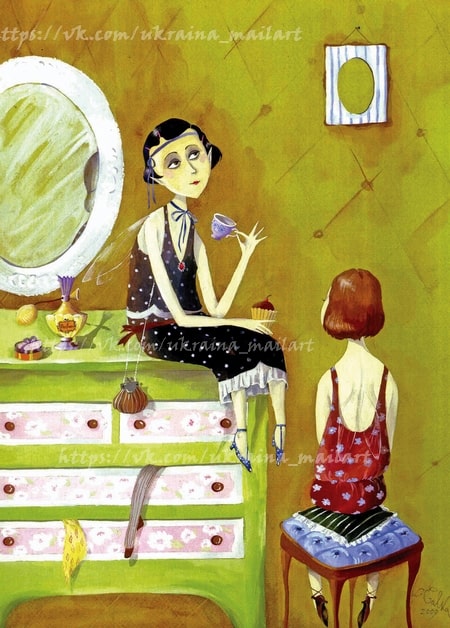 Vintage-style illustration of a woman drinking tea and holding a cupcake at a green vanity table