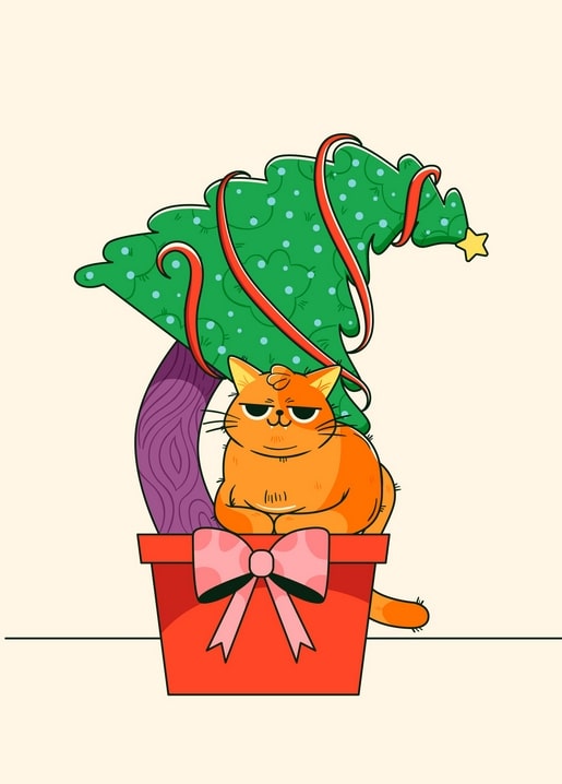 Illustration of a grumpy ginger cat sitting in a red gift box under a ribbon-wrapped Christmas tree