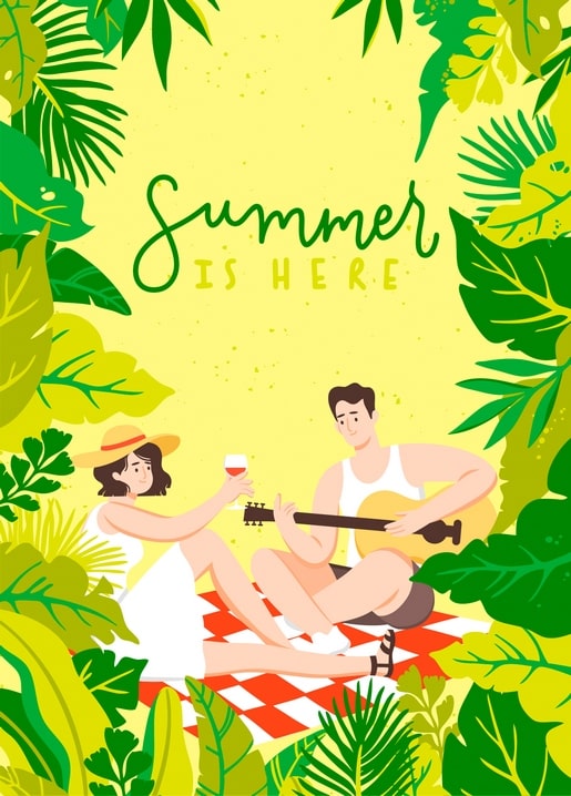 Illustration of a couple having a picnic with wine and guitar in a tropical leaf frame