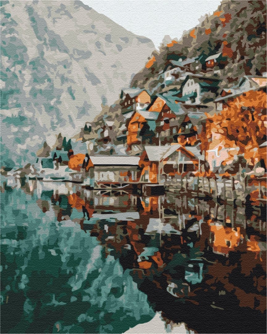 Paint-by-numbers canvas of Hallstatt's autumn-colored houses mirrored in the still lake water