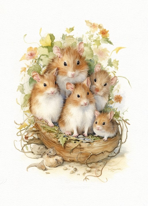 Watercolor litter of hamster pups huddled in a straw basket with ivy and small flowers