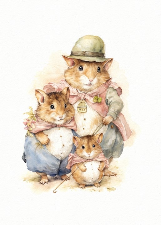 Watercolor hamster father in vintage coat and hat with two children dressed in old-fashioned clothes