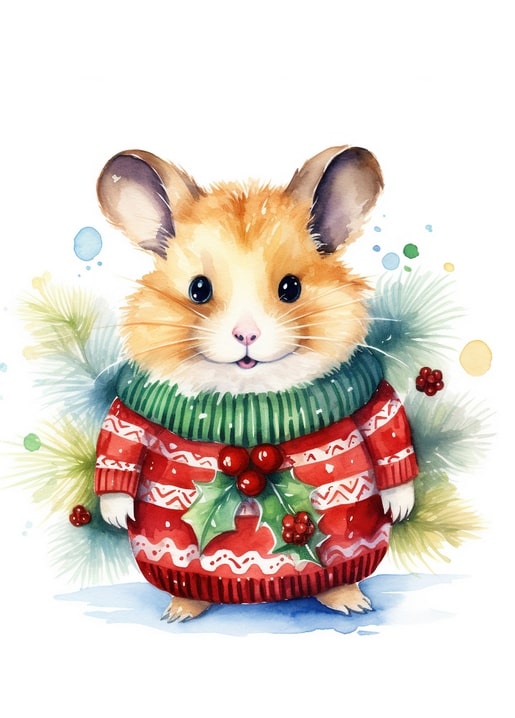Aquarell-Illustration eines Hamsters im grünen Pullover mit Stechpalmenzweig