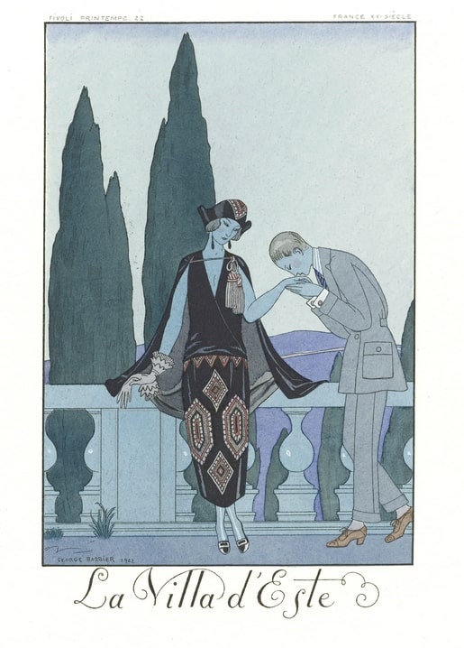 1922 Art Deco plate: man bowing to kiss woman's hand at a cypress-lined balustrade