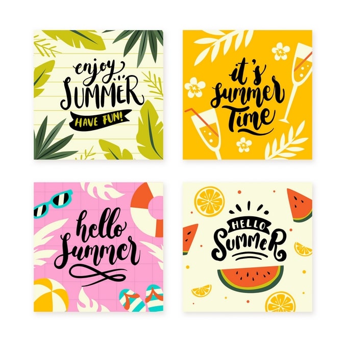 Hand-lettered summer mini postcard set with palm leaves, cocktails, pool float and citrus watermelon design