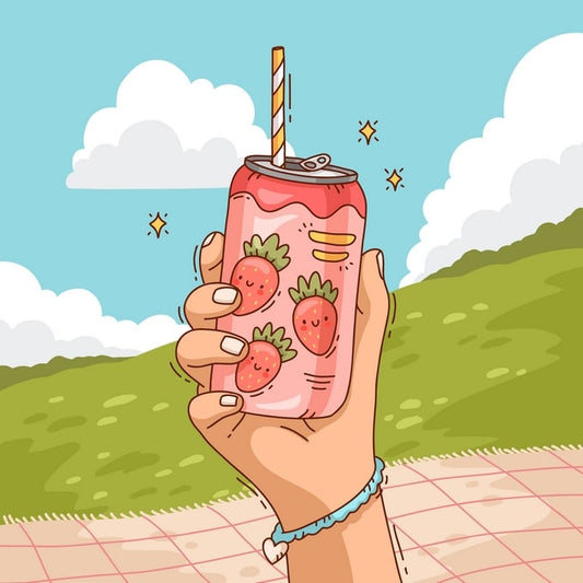 Illustration of a hand holding a strawberry soda can with a straw at a picnic
