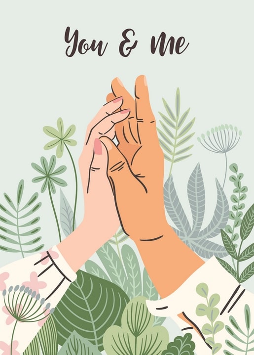 Ілюстровані руки тягнуться крізь зелене листя під написом «You & Me»