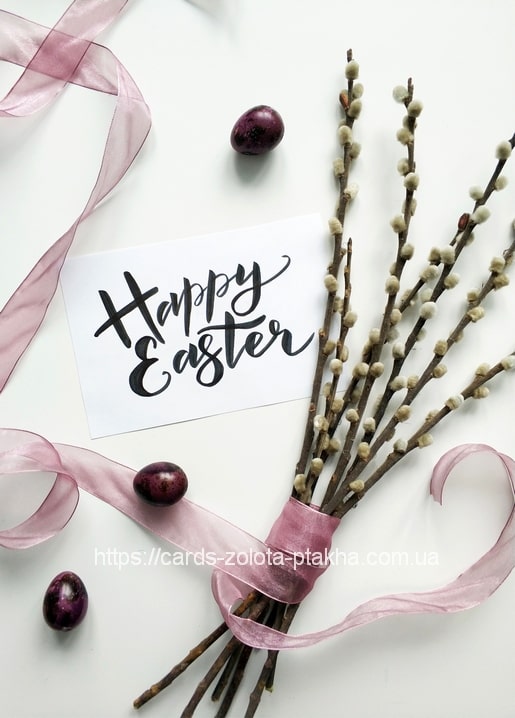 “Happy Easter” postcard with pussy willow twigs, pink ribbon, and speckled eggs