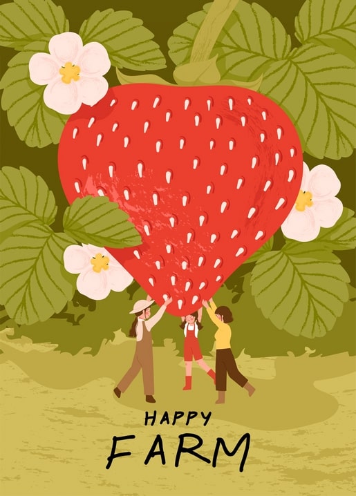 Illustrated giant strawberry lifted by three farmers, Happy Farm postcard