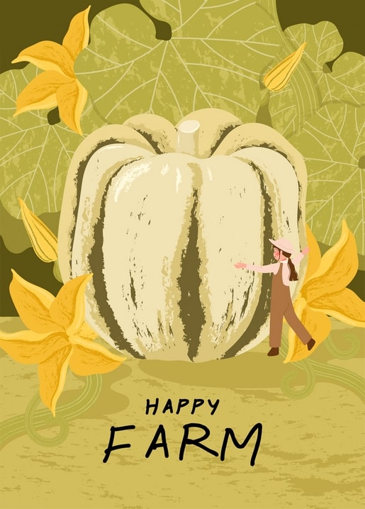 Illustration eines Mädchens neben einem riesigen gerippten Kürbis mit Blüten