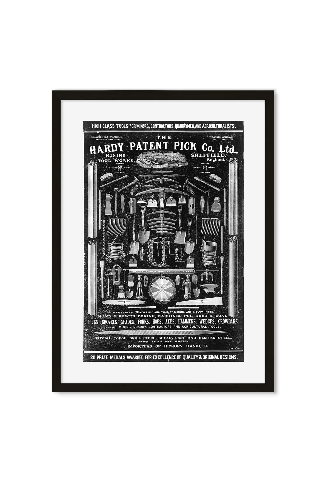 Vintage black-and-white advertisement poster for Hardy Patent Pick Co. tools in a black frame