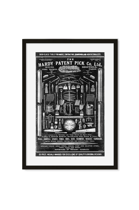 Vintage black-and-white advertisement poster for Hardy Patent Pick Co. tools in a black frame