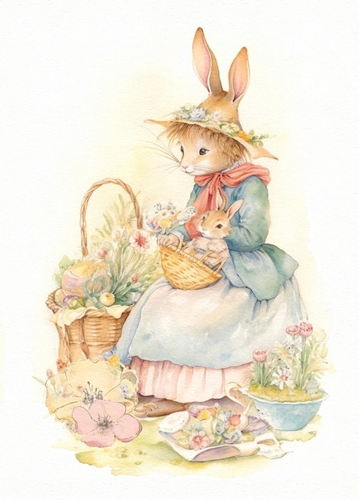 Watercolor postcard of a hare in a floral bonnet holding a basket with a baby bunny