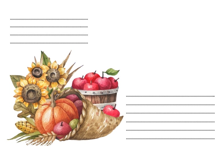 Illustrated cornucopia with sunflowers, pumpkin, apples, corn, and wheat