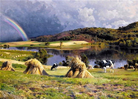Rainbow over a lake with grazing cattle and hay stooks in a harvest field, Peder Mønsted
