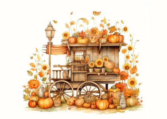 Watercolor illustration of a rustic wagon loaded with pumpkins, sunflowers, and autumn leaves