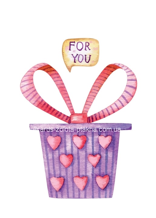 Violette Geschenkbox mit rosa Herzen, gestreifter Schleife und Zettel „Für Dich“