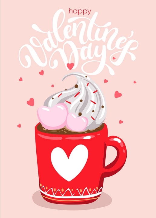 Rote Herztasse mit Kakao, Sahne und rosa Marshmallow-Herzen vor Herzchen-Hintergrund