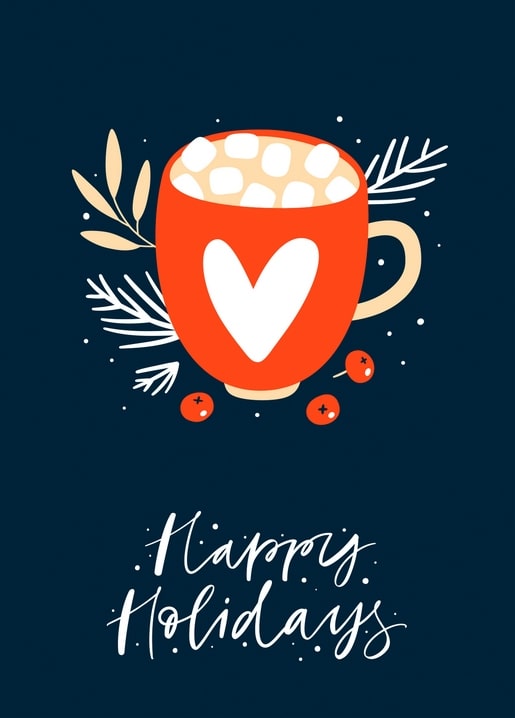 Red heart-shaped mug with cocoa and marshmallows among holly and pine