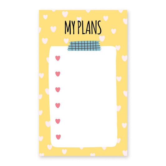 Gelber Notizblock „Meine Pläne“ mit rosa Herzchen und kariertem Washi-Tape