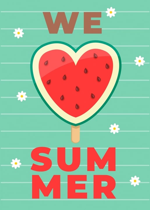 Illustrated postcard with a heart-shaped watermelon popsicle and white daisies on mint stripes