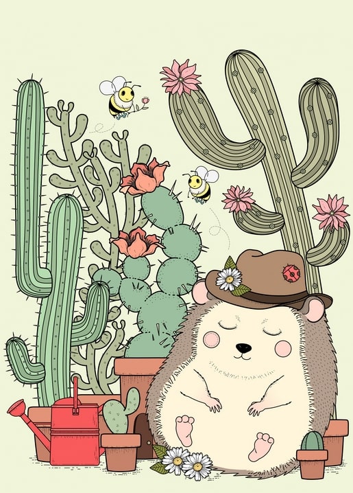 Illustrierter Igel im Cowboyhut meditiert zwischen blühenden Kakteen und Bienen
