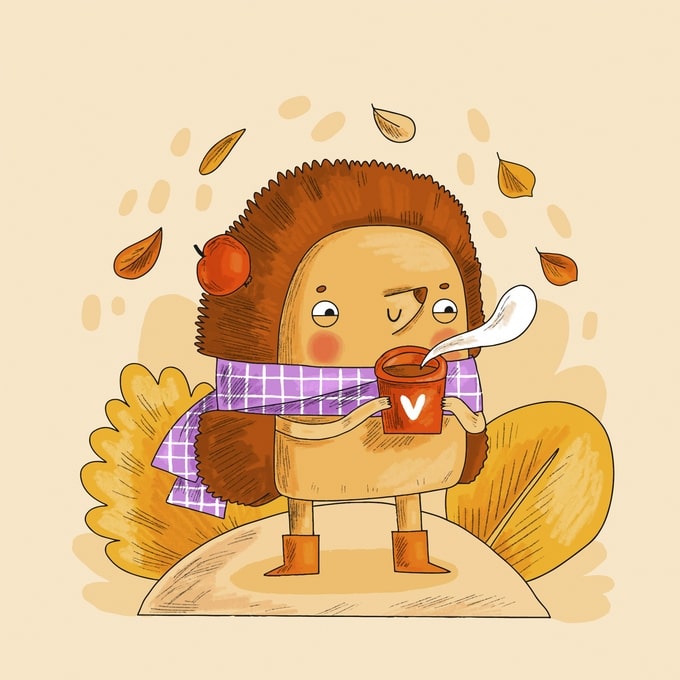 Illustrierter Igel mit kariertem Schal trinkt Kaffee im fallenden Herbstlaub