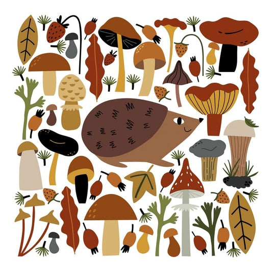 Flat-Design-Illustration eines Igels zwischen Waldpilzen, Walderdbeeren und Herbstlaub