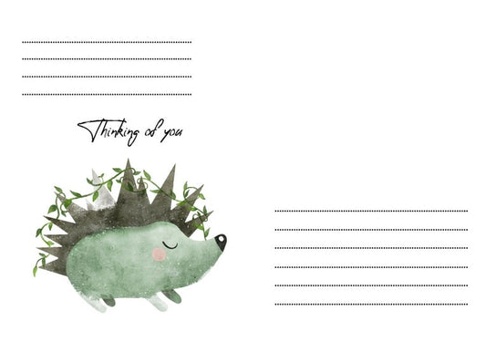 Aquarell-Igel mit Ranken zwischen den Stacheln und der Aufschrift „Thinking of you“