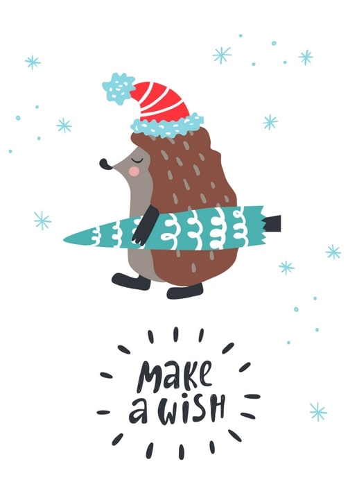 Hedgehog in a Santa hat carrying a striped fish, with “Make a wish” lettering and snowflakes