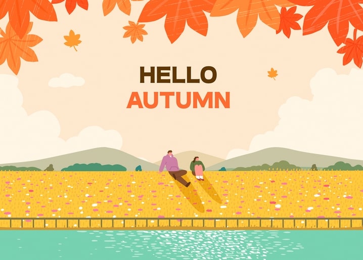 Schriftzug „Hallo Herbst“ mit einem Paar am goldenen Feld und See vor Bergen
