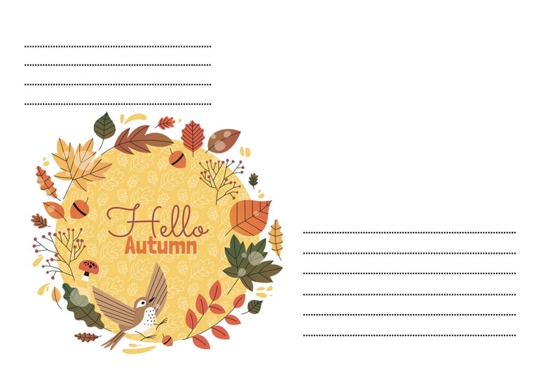 Flat-illustration envelope with a ‘Hello Autumn’ wreath of leaves, acorns and a flying bird