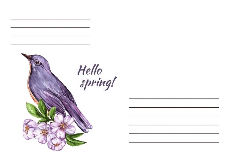 Фіолетова пташка на гілці цвіту з написом «Hello spring!»