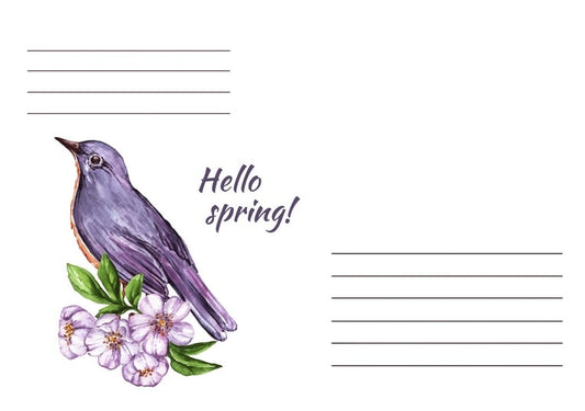 Фіолетова пташка на гілці цвіту з написом «Hello spring!»