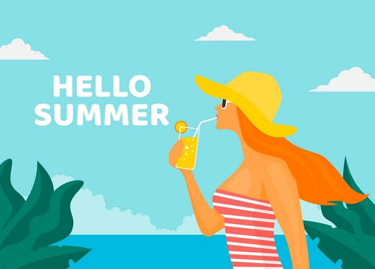 Illustrated woman in a yellow sun hat drinking lemonade with ‘Hello Summer’ text