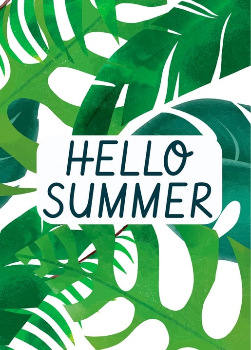 Hand-lettered 'Hello Summer' postcard over layered green monstera and palm leaves