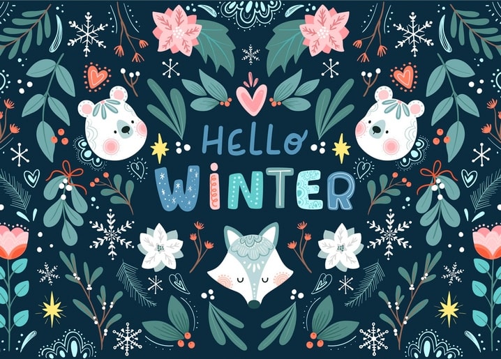 „Hello Winter“ Kranz-Postkarte mit Eisbären, Fuchs, Weihnachtssternen und Schneeflocken auf Blau
