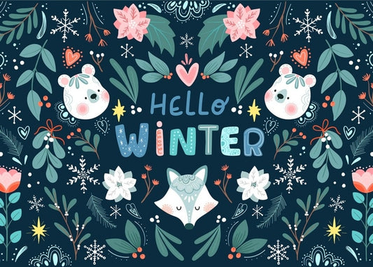 ‘Hello Winter’ wreath postcard with polar bears, a fox, poinsettias and snowflakes on navy