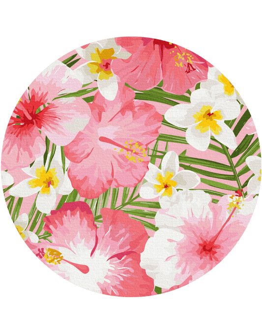Pink hibiscus and white plumeria flowers over palm leaves on a round paint-by-numbers canvas