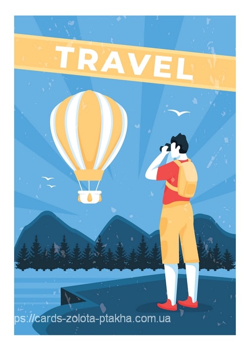 Illustrierte Postkarte: Wanderer mit Fernglas beobachtet Heißluftballon über den Bergen