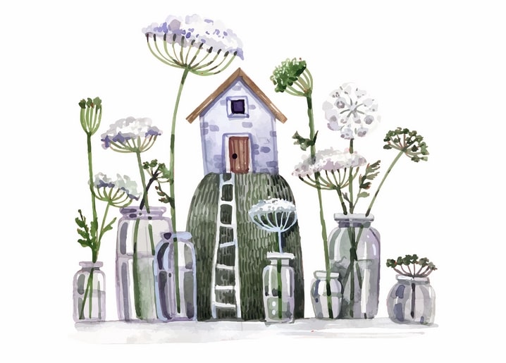 Watercolor cottage with thatched roof and ladder on a mossy hill surrounded by glass jars of wildflowers